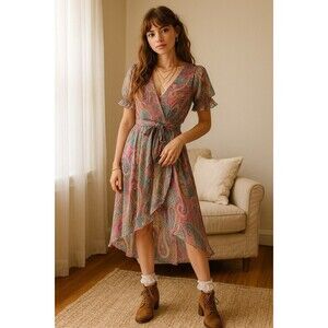 Tommy Hilfiger Women’s Pink Paisley Wrap Asymmetrical‎ Dress Size 16 Fairycore